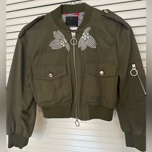 Pinko Military style cropped bomber jacket with crystal embellishments